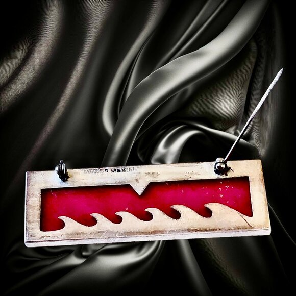Vintage Mexico Sterling Silver Brooch Transparent Red Enamel Modernist - Picture 3 of 11